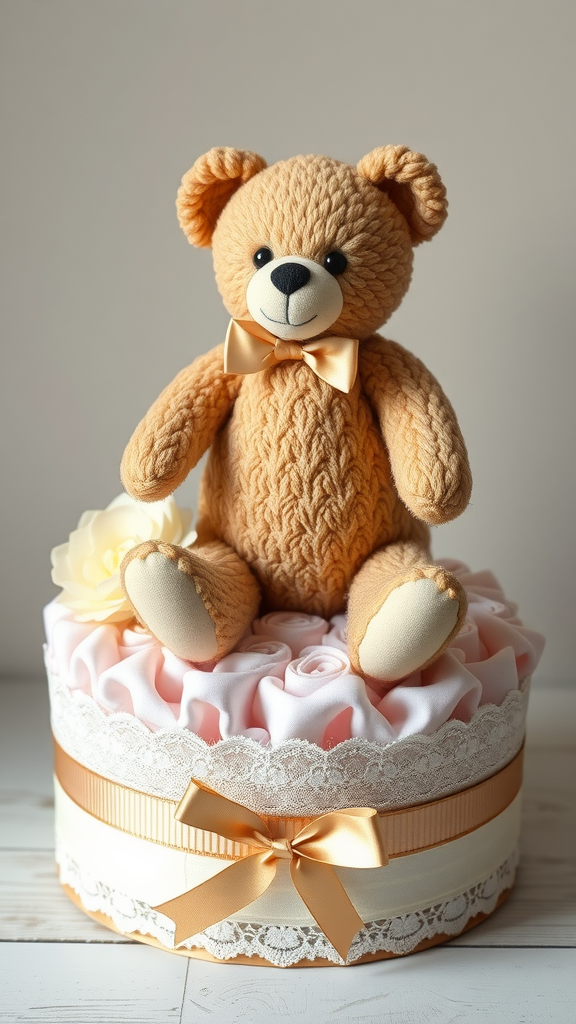 A vintage teddy bear on a pastel diaper cake with roses and lace detailing.