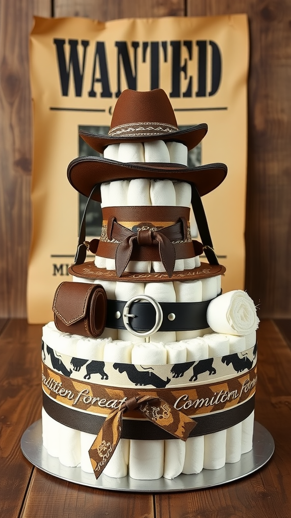 A tiered diaper cake designed with a cowboy theme, featuring hats and belts, with a wanted poster in the background.