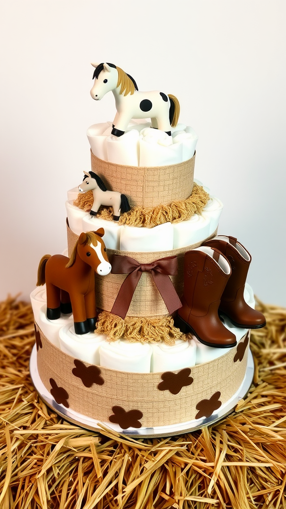 A three-tiered diaper cake decorated with toy horses and cowboy boots, set on a bed of straw.
