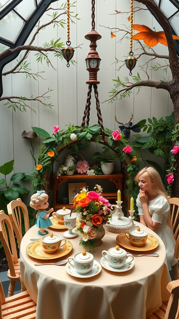 A whimsical tea party setup with a beautifully arranged table, delicate china cups, vibrant flowers, and a doll, creating a fairy tale atmosphere.