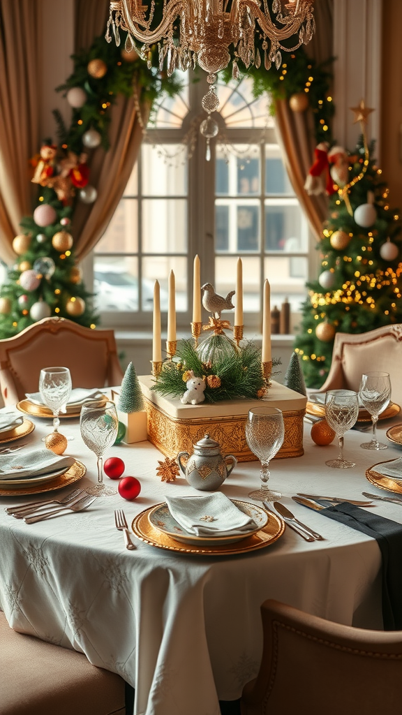 An elegant dining table decorated for Christmas with whimsical ornaments, featuring greenery, candles, and golden accents.