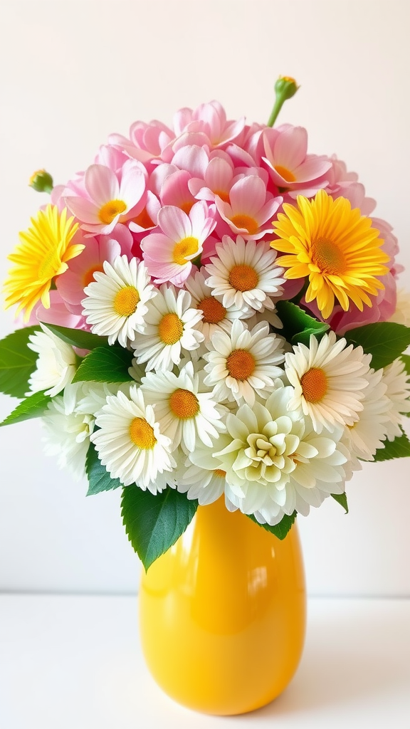 20 Stunning Hydrangea Bouquets for Every Occasion A vibrant bouquet featuring pink daisies, white daisies, and yellow flowers in a yellow vase.