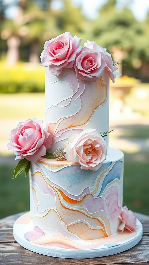 A whimsical watercolor cake with two tiers, adorned with pink roses and soft swirls of color.