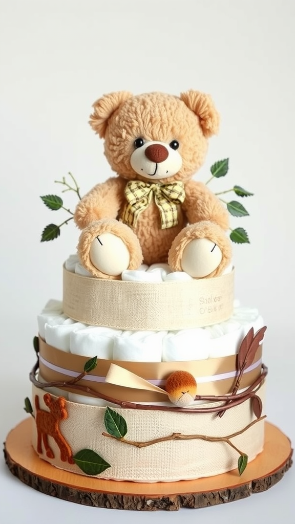 A whimsical diaper cake featuring a teddy bear and natural decorations.