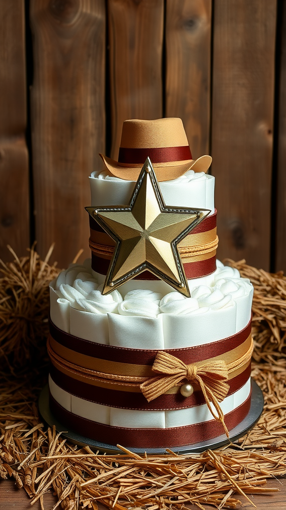 A decorative diaper cake themed with a cowboy star and hat atop, set against a rustic wooden background.
