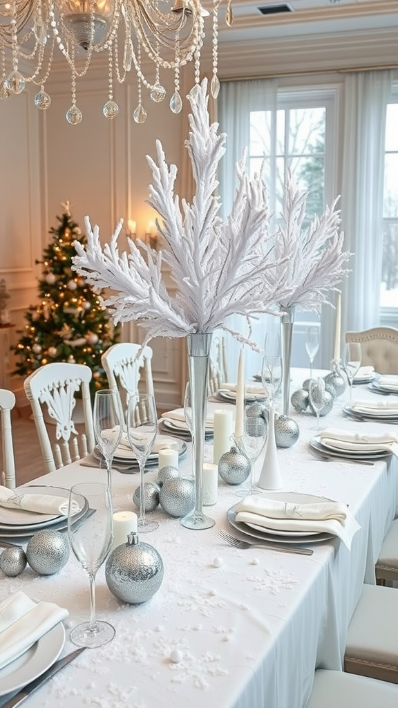 A beautifully decorated dining table for Christmas with white and silver decor, featuring a frosted centerpiece and candles.