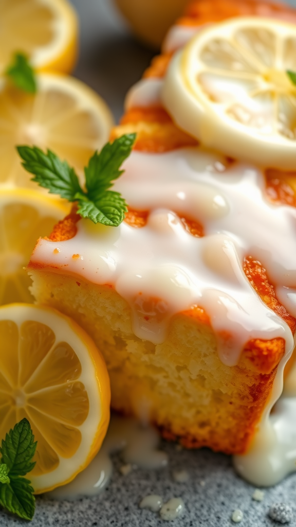 A slice of lemon drizzle cake garnished with lemon slices and mint leaves.