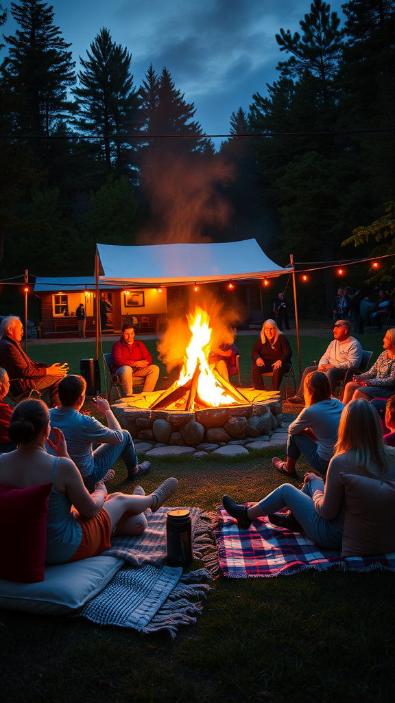 A cozy bonfire setting with friends gathered around, enjoying the warmth and light of the fire.