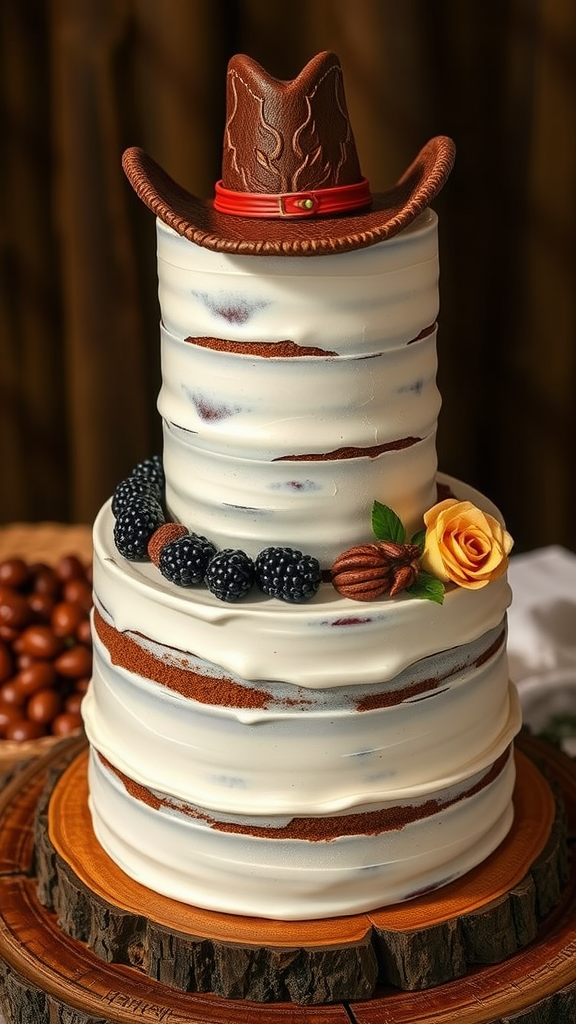 A three-tiered cowboy wedding cake with a brown cowboy hat on top, surrounded by blackberries and a rose, on a wooden platter.
