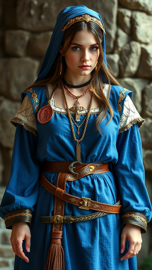 A woman wearing a blue medieval dress with a hood, adorned with jewelry and a detailed belt, standing in front of a stone wall.