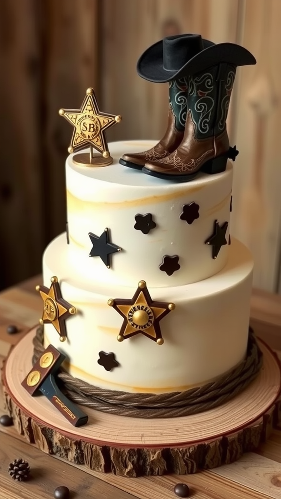 A cowboy-themed wedding cake featuring cowboy boots, a hat, and sheriff badges.