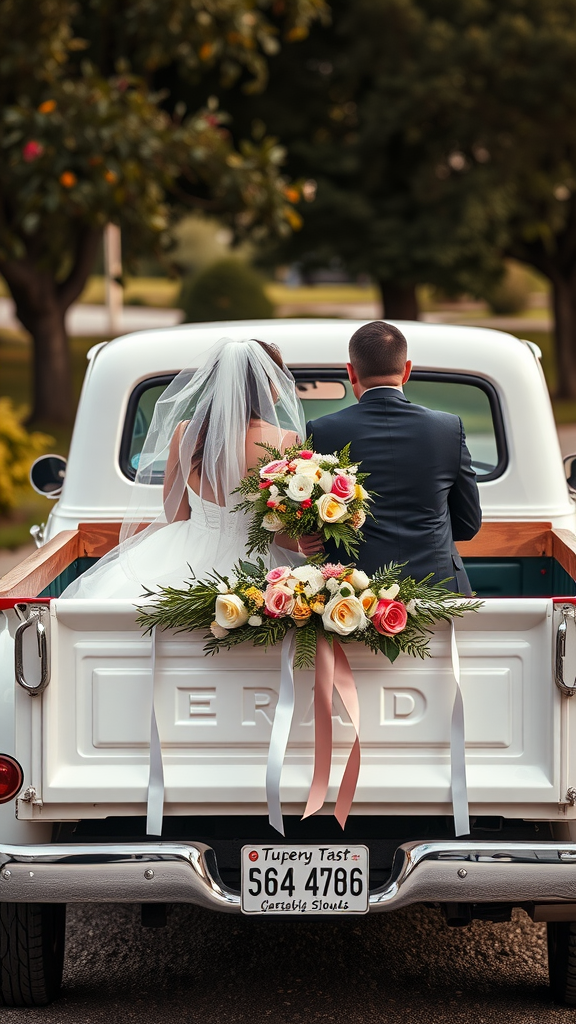 A bride and groom sitting in the back of an antique pickup truck decorated with flowers. Cowboy Wedding Entrance