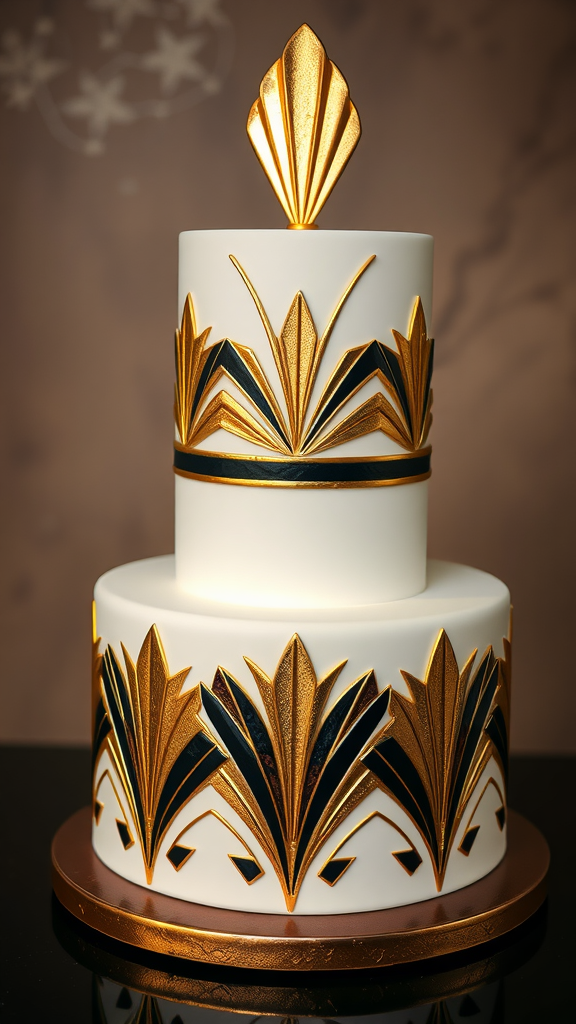Two-tier wedding cake in Art Deco style with gold and black decorations.