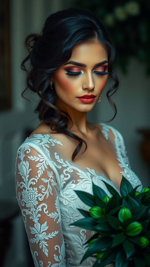 A bride with elegant hair and makeup, holding an emerald green bouquet.