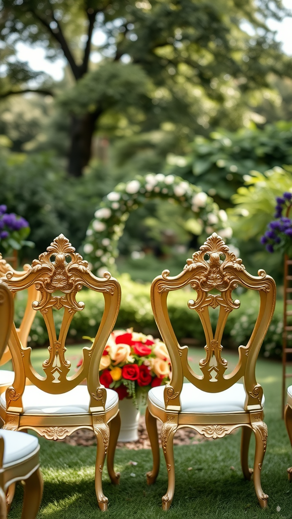 Rococo style wedding chairs in a garden setting with floral arrangements