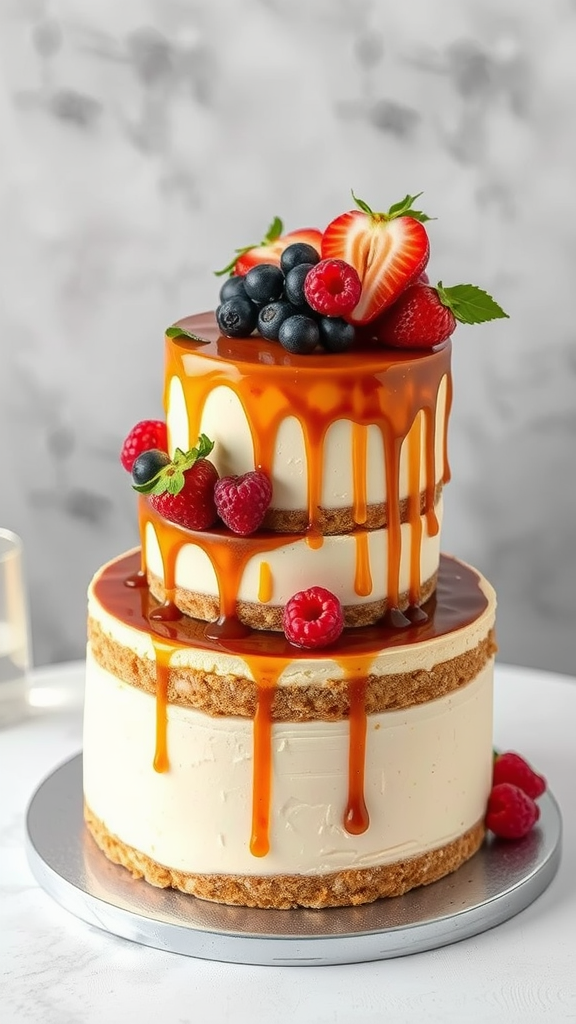 Two-tier artisan cheesecake with caramel drizzle and fresh berries on top.