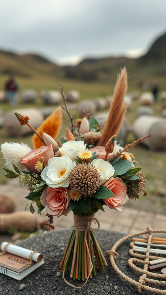 A beautifully arranged earth tone wedding bouquet featuring peach roses, white flowers, and dried grasses.