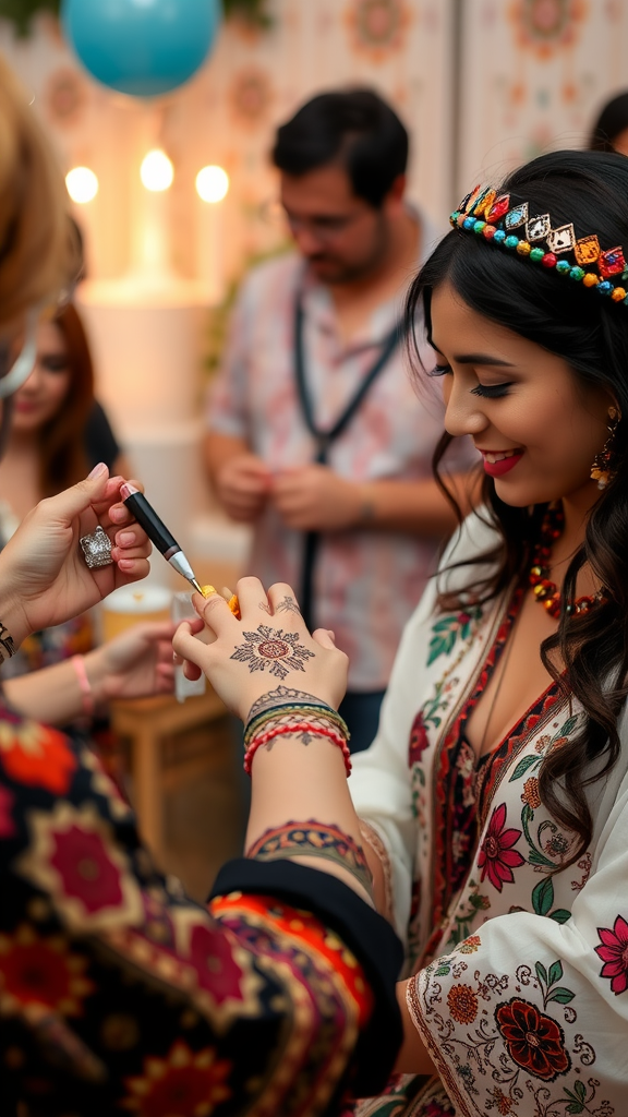 A woman applying intricate henna designs on another woman's arm at a birthday party.