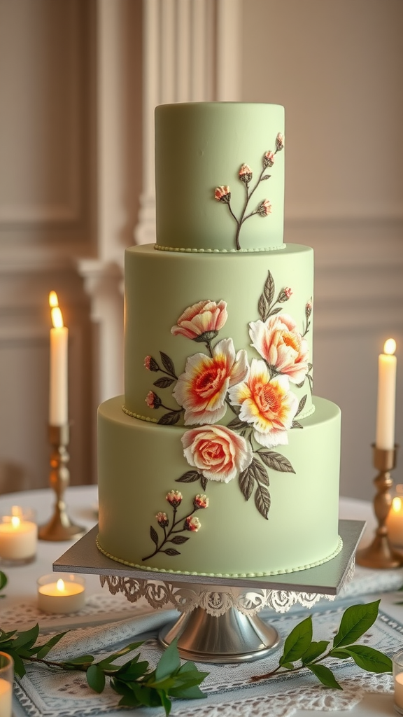 A beautifully decorated sage green wedding cake with floral designs, set on a decorative stand surrounded by candles.