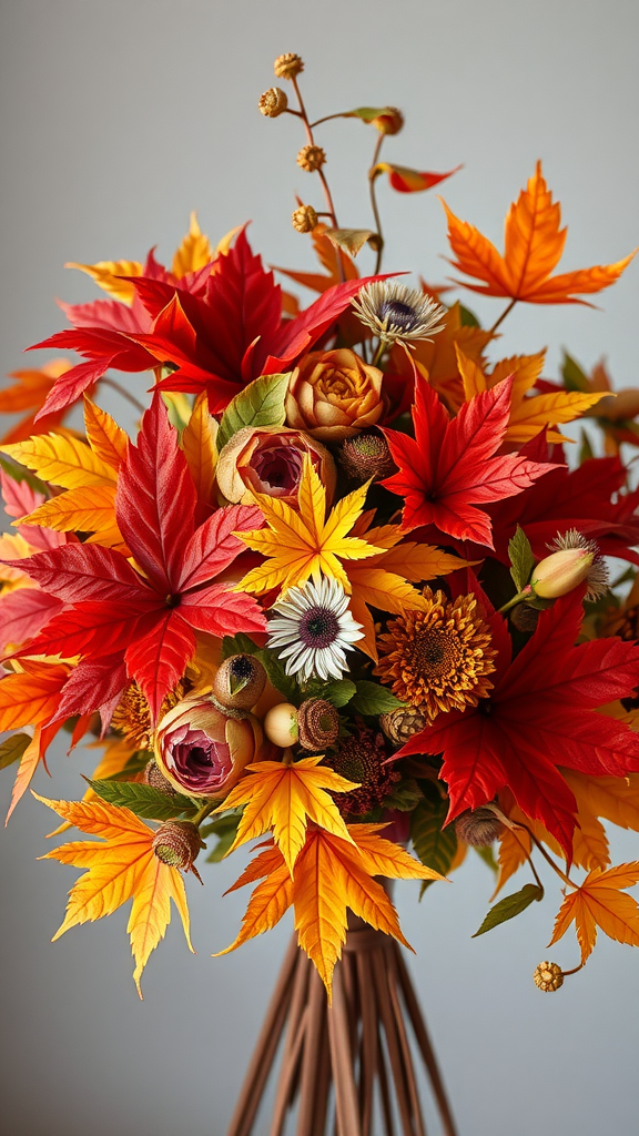 A vibrant wedding bouquet featuring colorful autumn leaves and flowers.