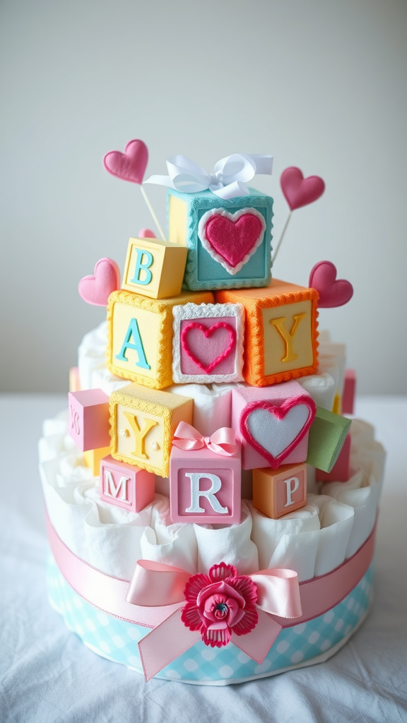A colorful diaper cake made of fabric baby blocks and hearts, featuring a tiered design with diapers and decorative elements.