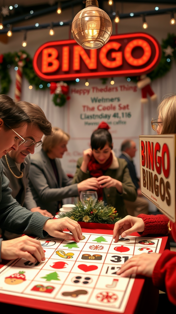 A festive bingo game at a winter baby shower with players engaged in the game.