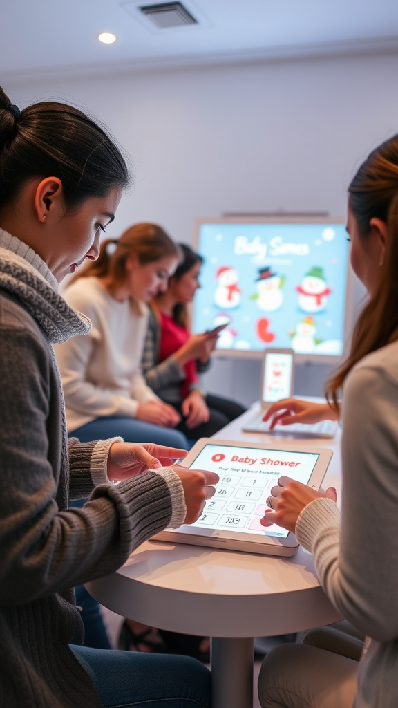 A group of friends playing baby shower games on digital devices in a cozy winter setting.