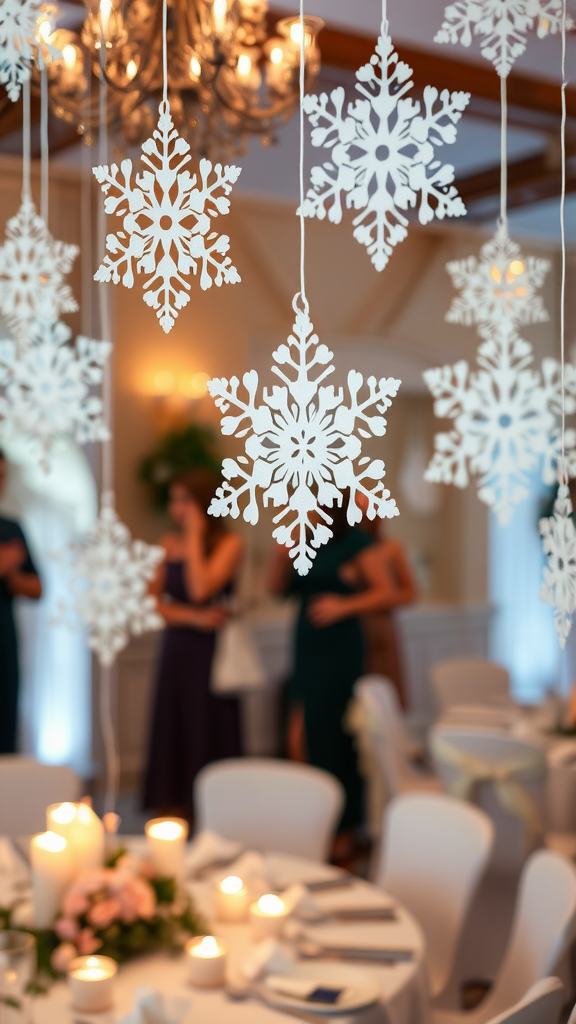 Decorative snowflakes hanging from the ceiling at a winter-themed baby shower