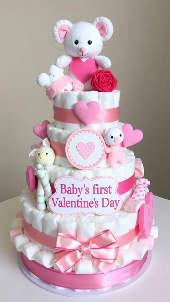 A decorative diaper cake for a baby's first Valentine's Day, featuring plush toys, hearts, and pink ribbons.