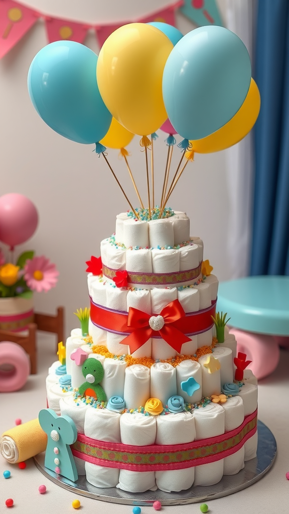 A colorful diaper cake with balloons, decorated with ribbons and playful accessories, perfect for a baby shower.