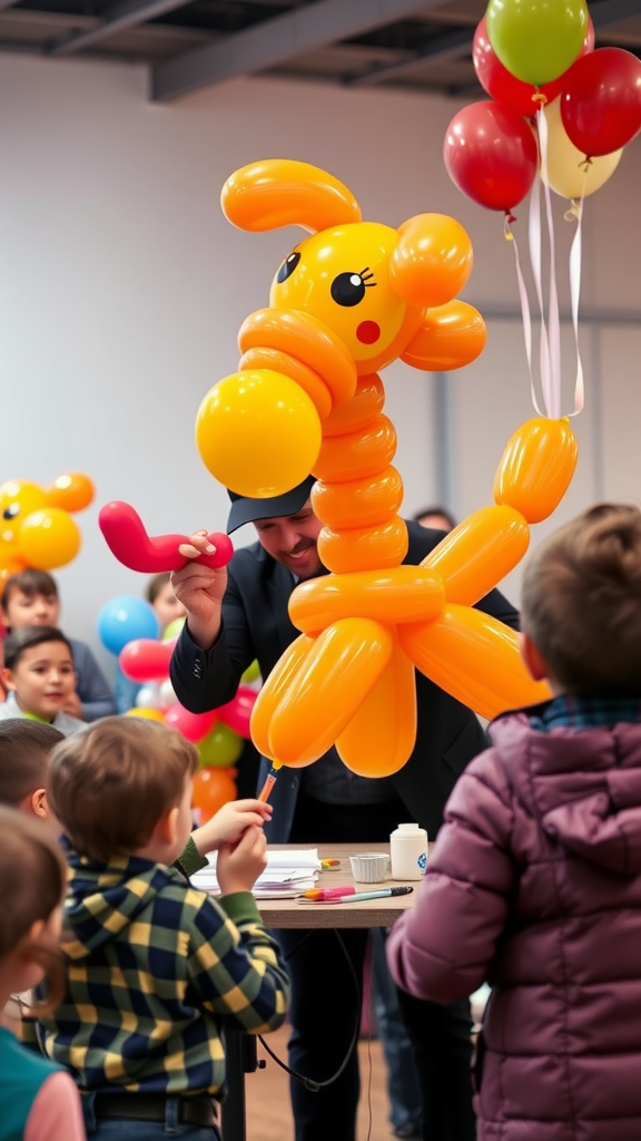 A balloon artist making a giraffe balloon animal for children at a workshop, surrounded by colorful balloons.