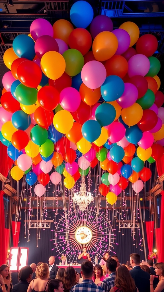 A room filled with colorful balloons hanging from the ceiling, creating a festive atmosphere for a New Year’s Eve celebration.