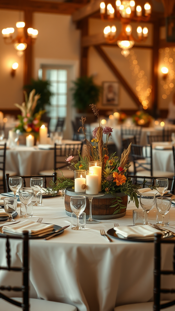 A beautiful barrel table centerpiece featuring candles and flowers at a wedding reception.
