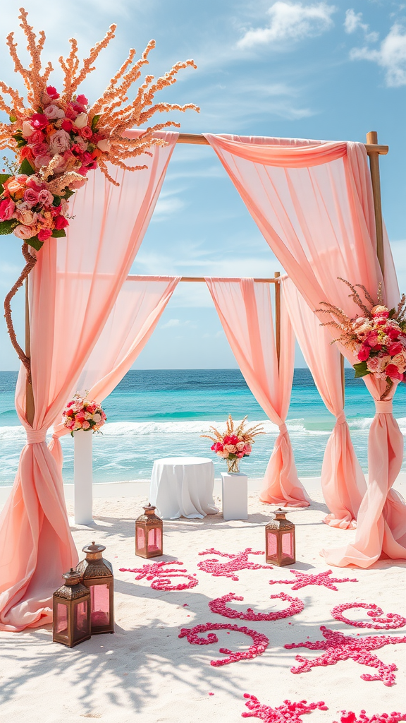 Beach wedding decor with coral draped arch and floral arrangements