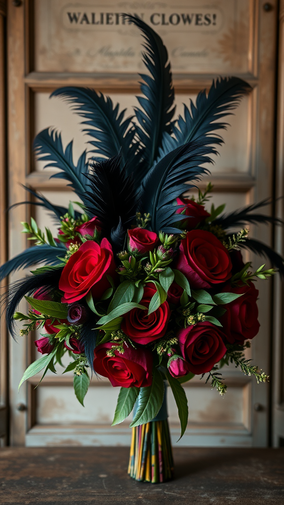 A striking bouquet featuring dark feathers and red roses.
