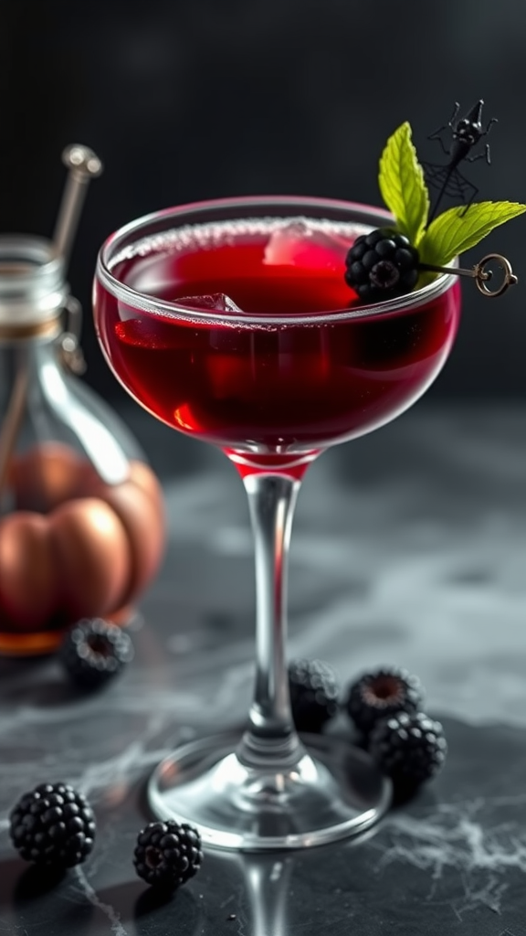 A blood red cocktail in an elegant glass, garnished with mint and a blackberry, against a dark background. Dark Romantic Wedding Ideas