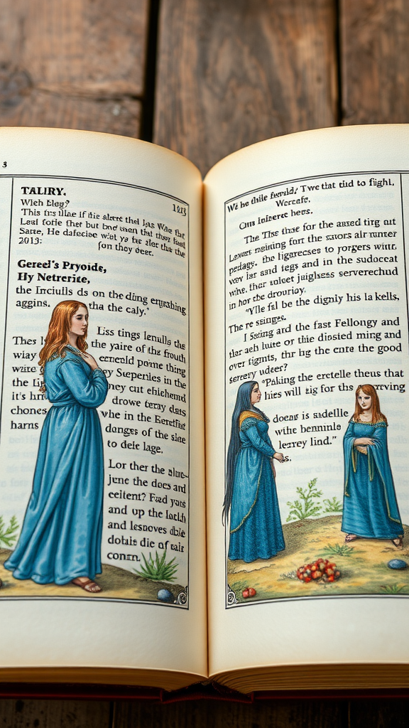 Illustration of two women in blue medieval dresses from a book.