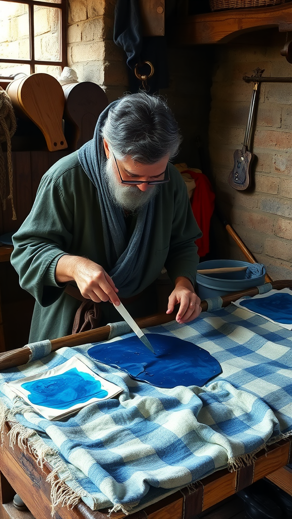 A craftsman preparing blue dye in a medieval workshop.