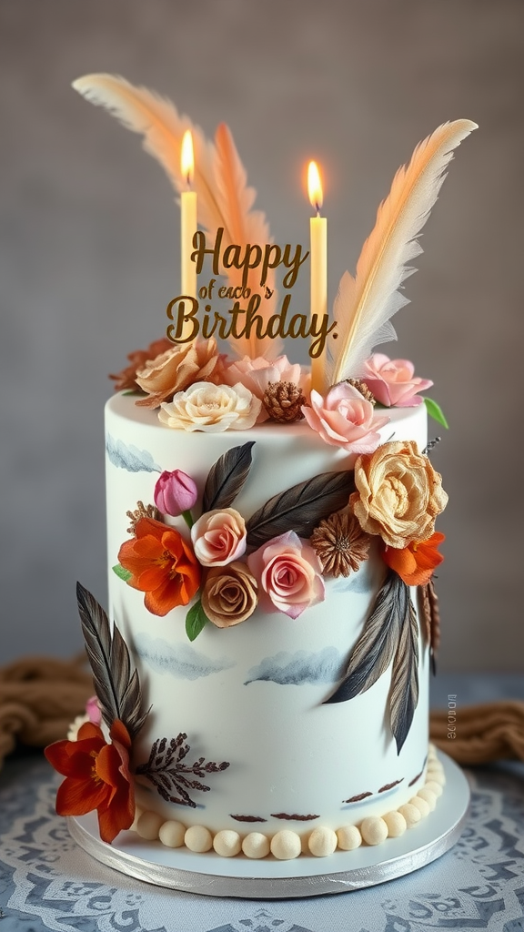 A beautifully decorated birthday cake featuring flowers, feathers, and candles, embodying a bohemian theme.