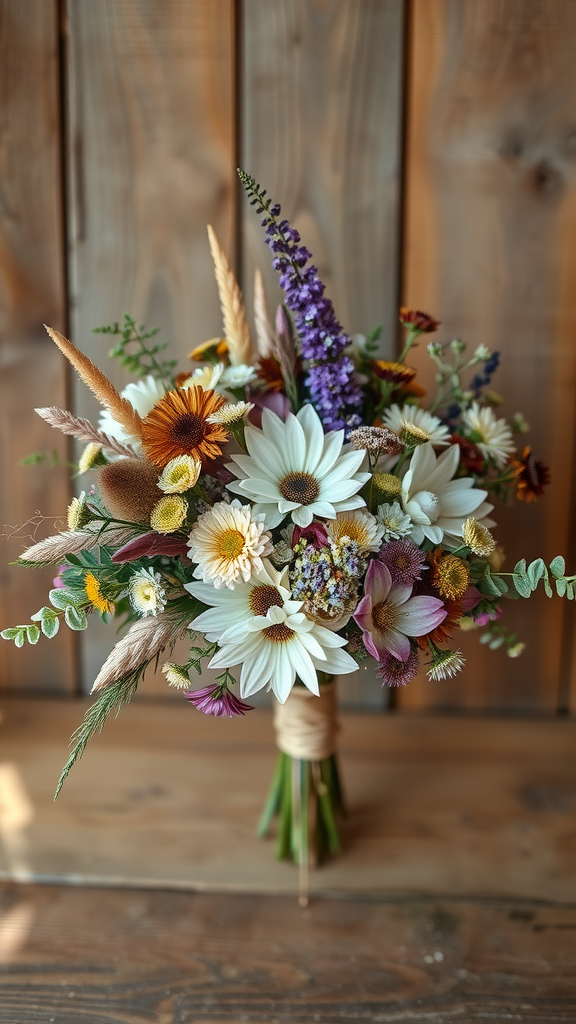 A bohemian-style wedding bouquet featuring earth tone flowers and greenery, set against a rustic wooden background.