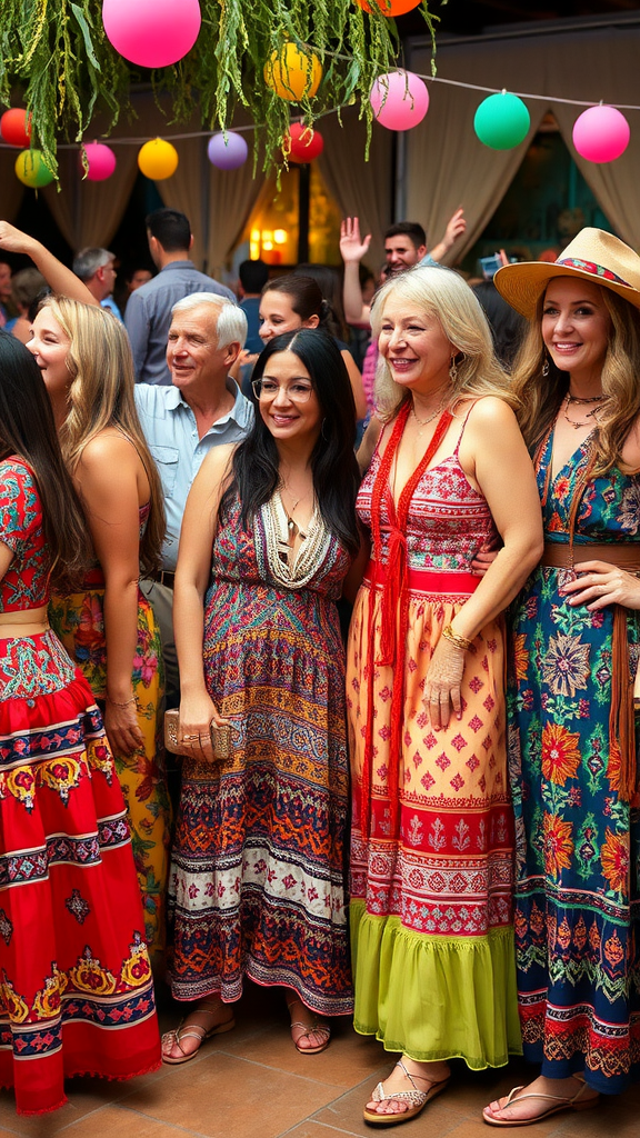 A group of people celebrating a boho 50th birthday party, dressed in colorful outfits with festive decorations in the background.