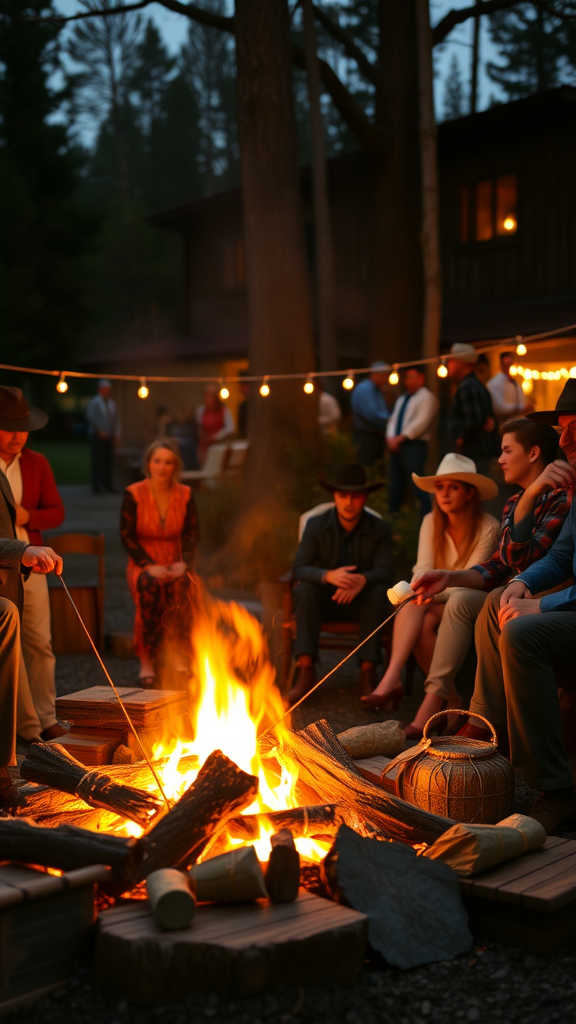 25 Rustic Cowboy Wedding Ideas to Tie the Knot with Style A group of people enjoying a bonfire reception at a cowboy wedding, surrounded by warm lights.