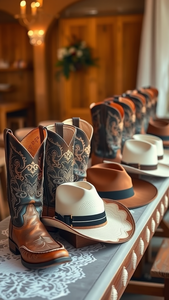 A display of cowboy boots and hats arranged on a table, perfect for a cowboy wedding theme.