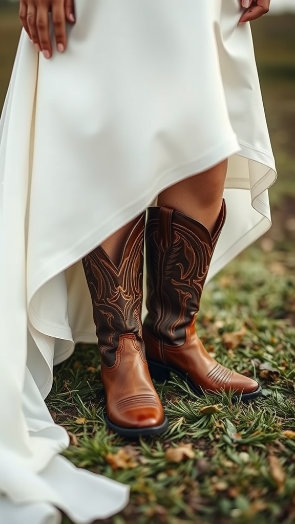 25 Rustic Cowboy Wedding Ideas to Tie the Knot with Style Bride wearing cowboy boots under her wedding dress