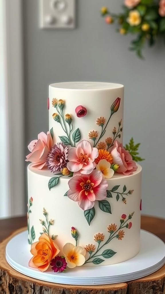 Two-tier wedding cake decorated with colorful floral illustrations