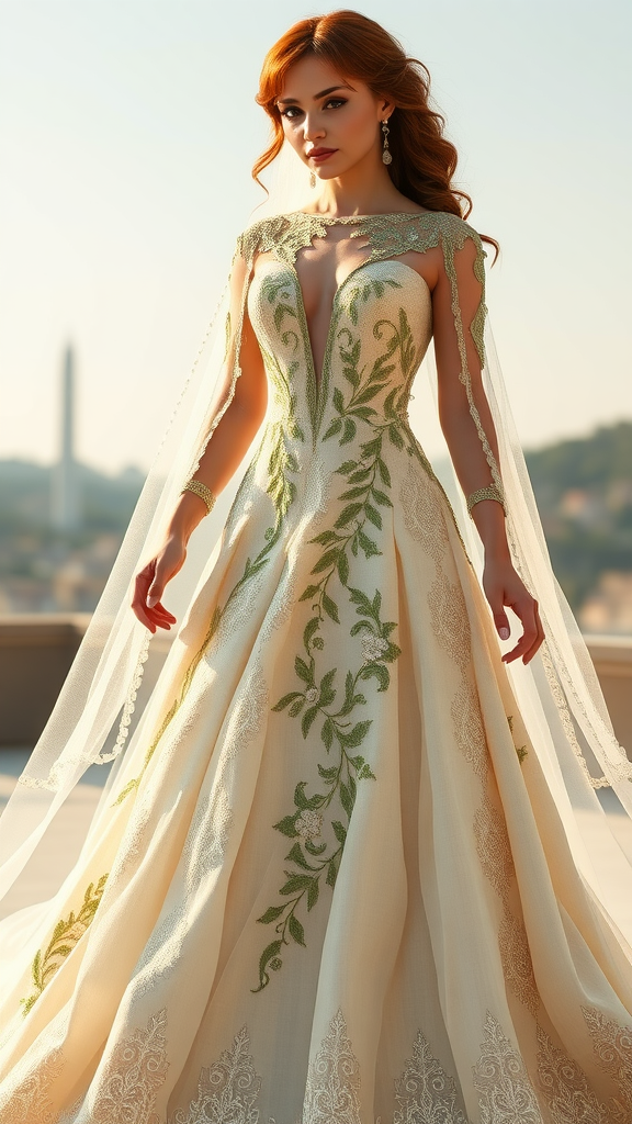 A bride wearing an elegant gown with olive green floral accents and a flowing cape.