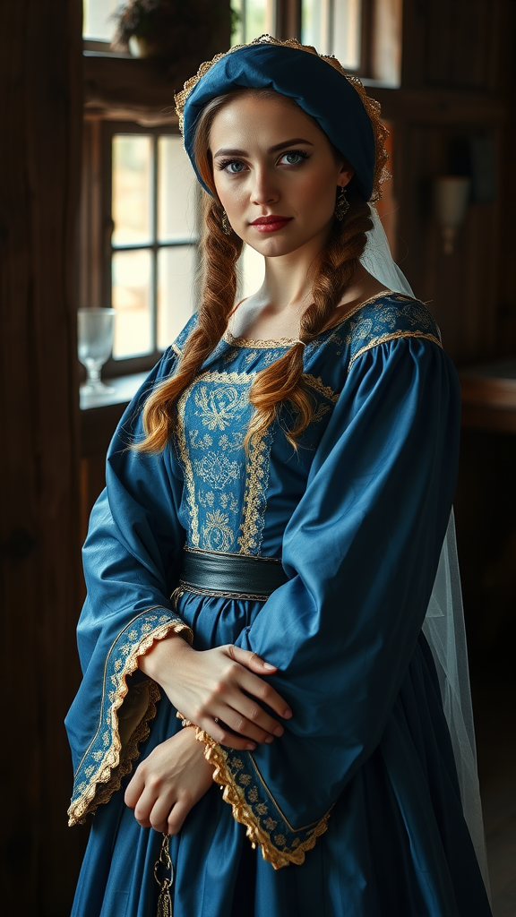 A bride in a blue medieval wedding dress with braids and a headpiece, showcasing bridal makeup and hair.