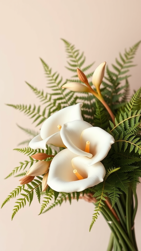A bouquet of white calla lilies surrounded by green ferns against a soft background.