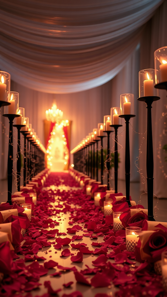 A candlelit aisle decorated with rose petals and candles, creating a romantic wedding atmosphere.