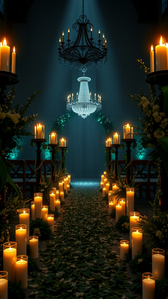 A beautifully lit candlelit ceremony aisle with candles lined along the path and a chandelier above.